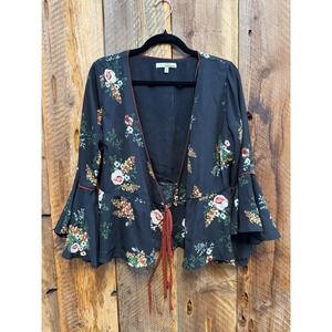 Floral Bell Sleeve Wrap Top Women M Flowy Boho Romantic Whimsigoth Fairy